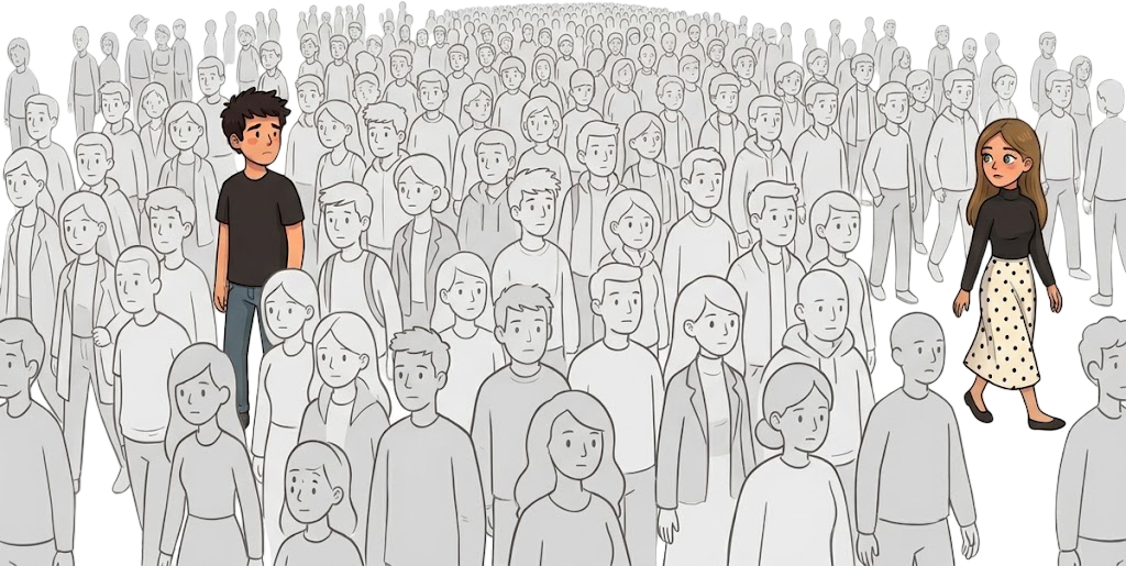 A crowd of people, all in grey. Two of them are in colour: me on the left, her on the right.